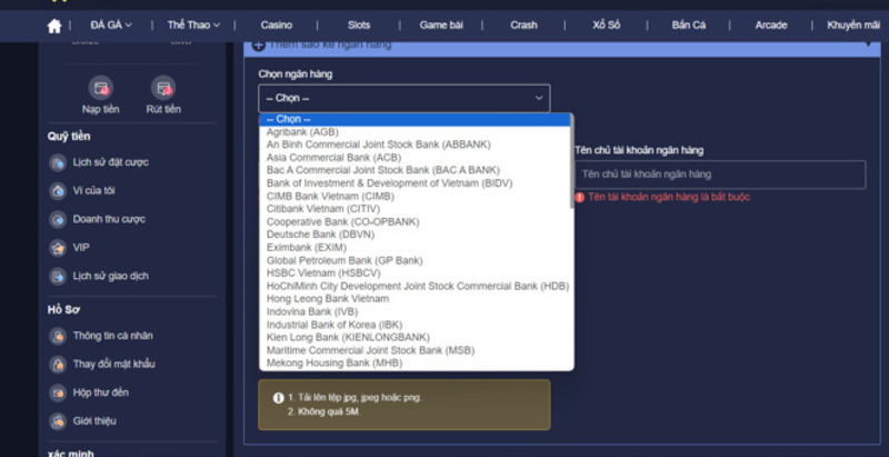 Chọn ngân hàng thụ hưởng khi muốn thực hiện giao dịch rút tiền
