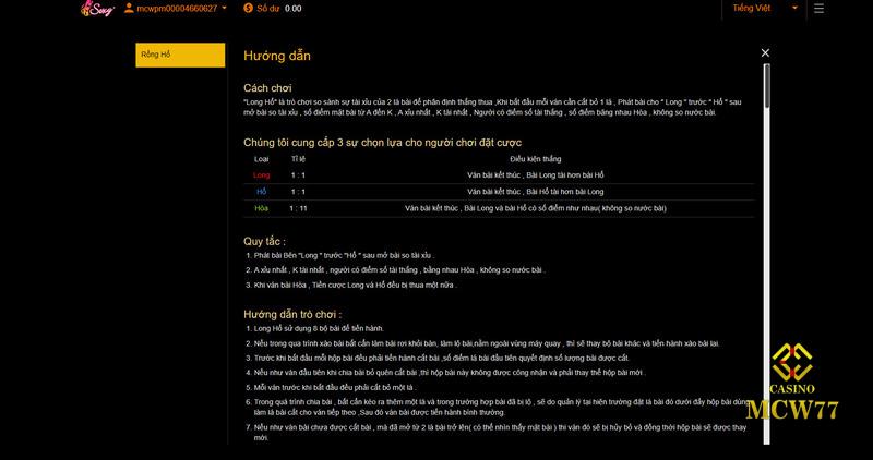 Luật chơi Rồng hổ tại mục hướng dẫn trên MCW77
